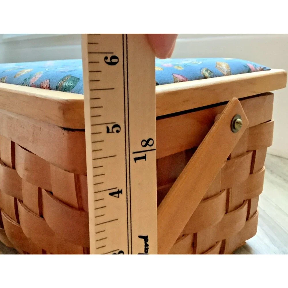 Vintage Wicker Sewing Basket Storage Box Blue Padded Lid Handle Cottagecore